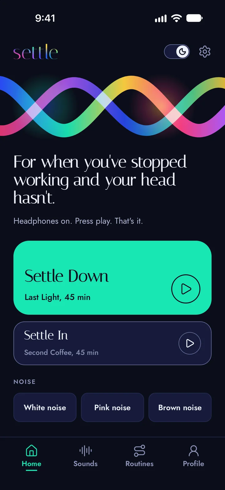 Settle’s home screen, with Settle Down as the large button and Last Light, 45 min, under its name.
